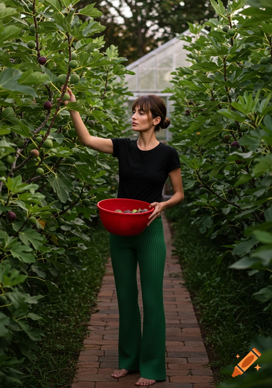A woman in green pants and a black t-shirt picks figs into a red bowl in a garden with a brick path and a greenhouse.