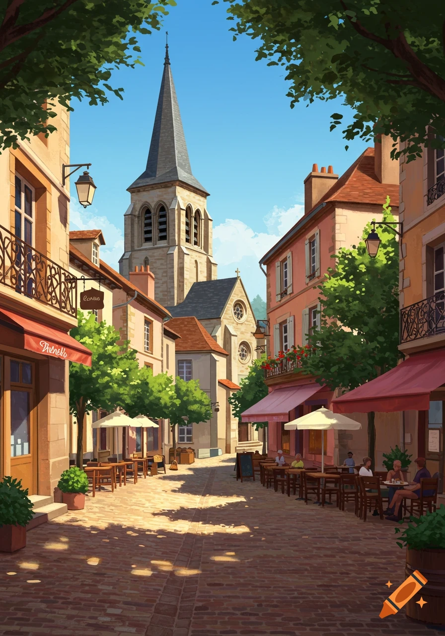 A charming illustration of a European town street with a prominent church spire, cafes, and lush trees under a sunny sky.