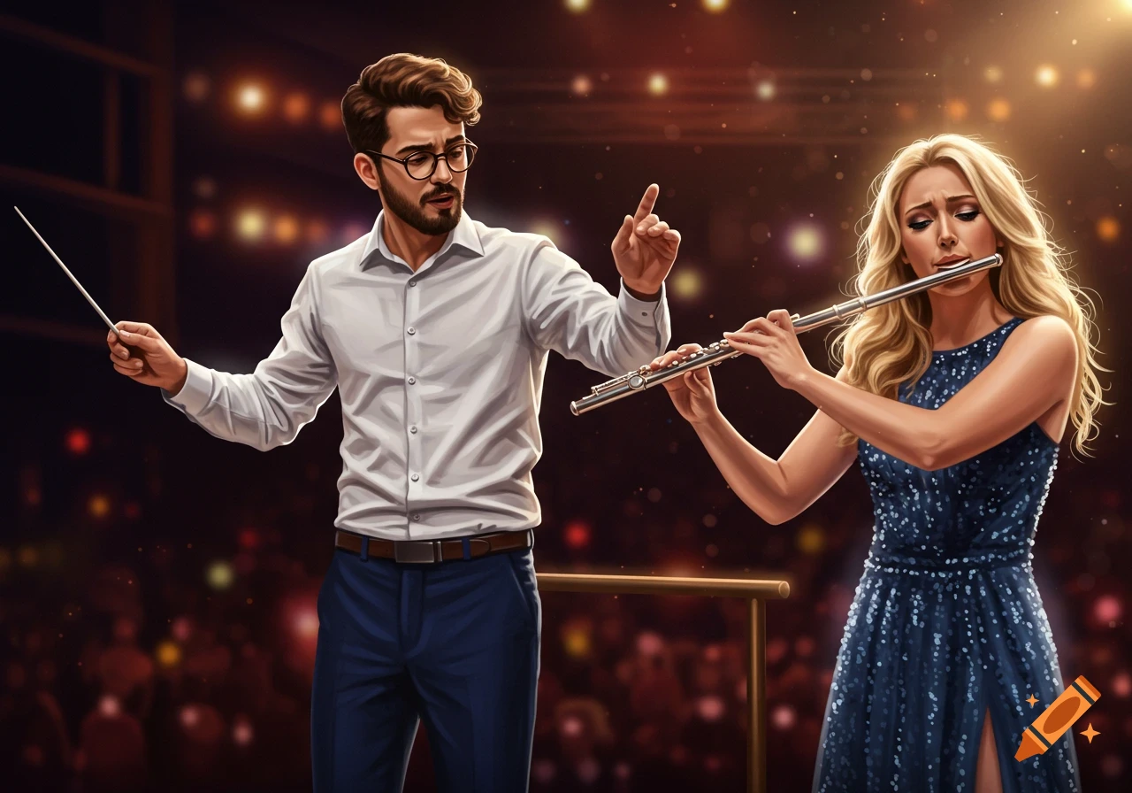 A male conductor in a white shirt and a female flutist in a blue sequined dress perform on stage with bright lights.
