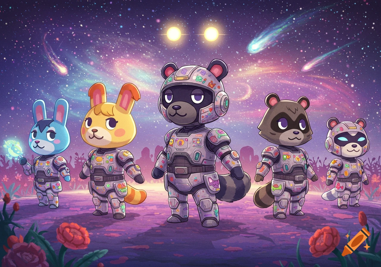 Cute Animal Crossing characters in futuristic space suits stand on an alien planet under a starry galaxy sky with shooting stars.