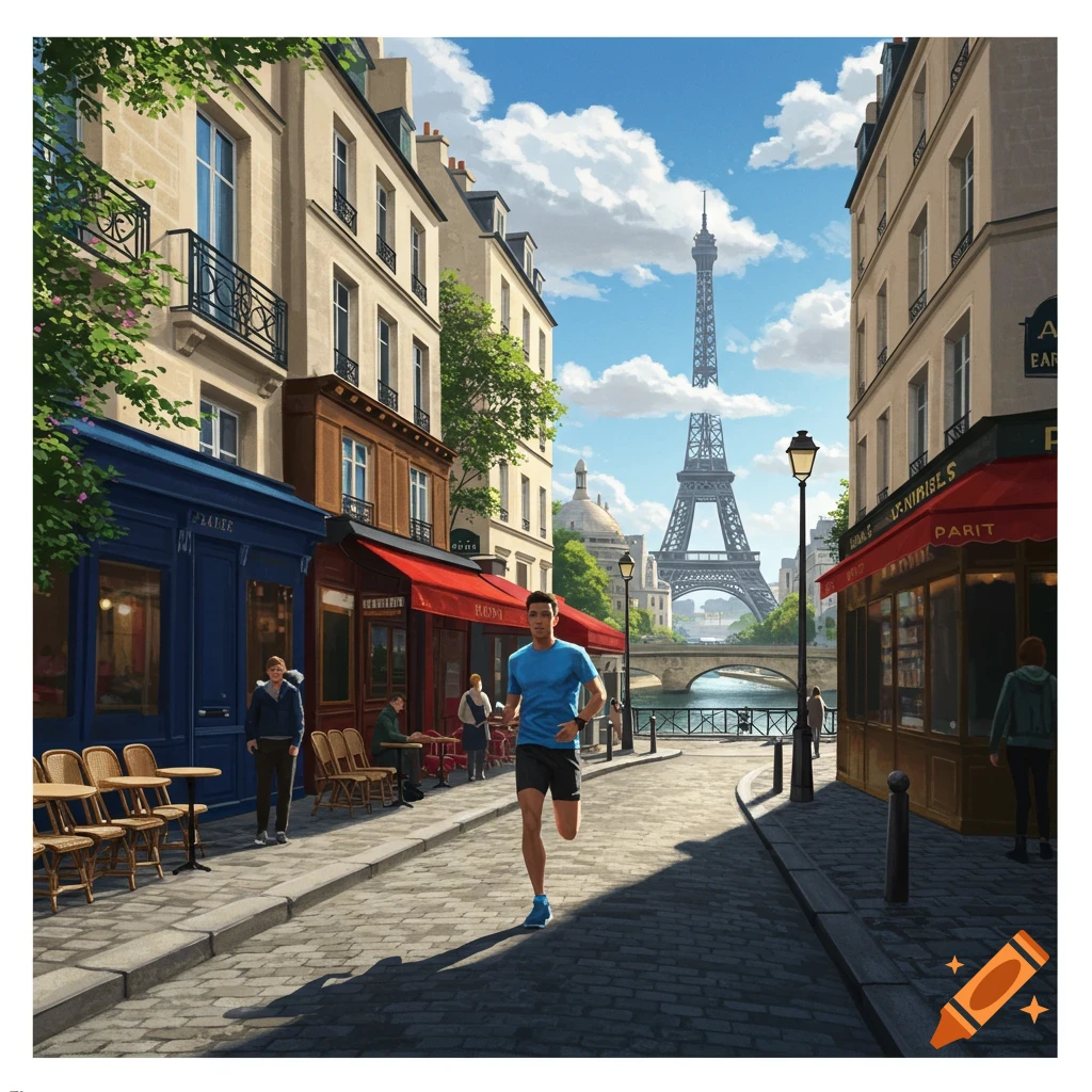 A man runs down a cobbled Parisian street with classic buildings, cafes, and the Eiffel Tower in the background on a sunny day.