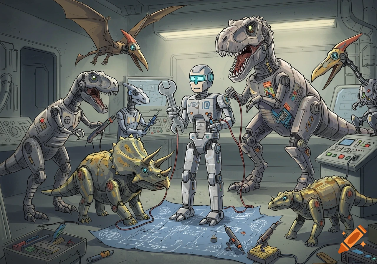 Robotic dinosaurs and a humanoid robot work on a large blueprint in a cluttered workshop in a sketchbook illustration style.