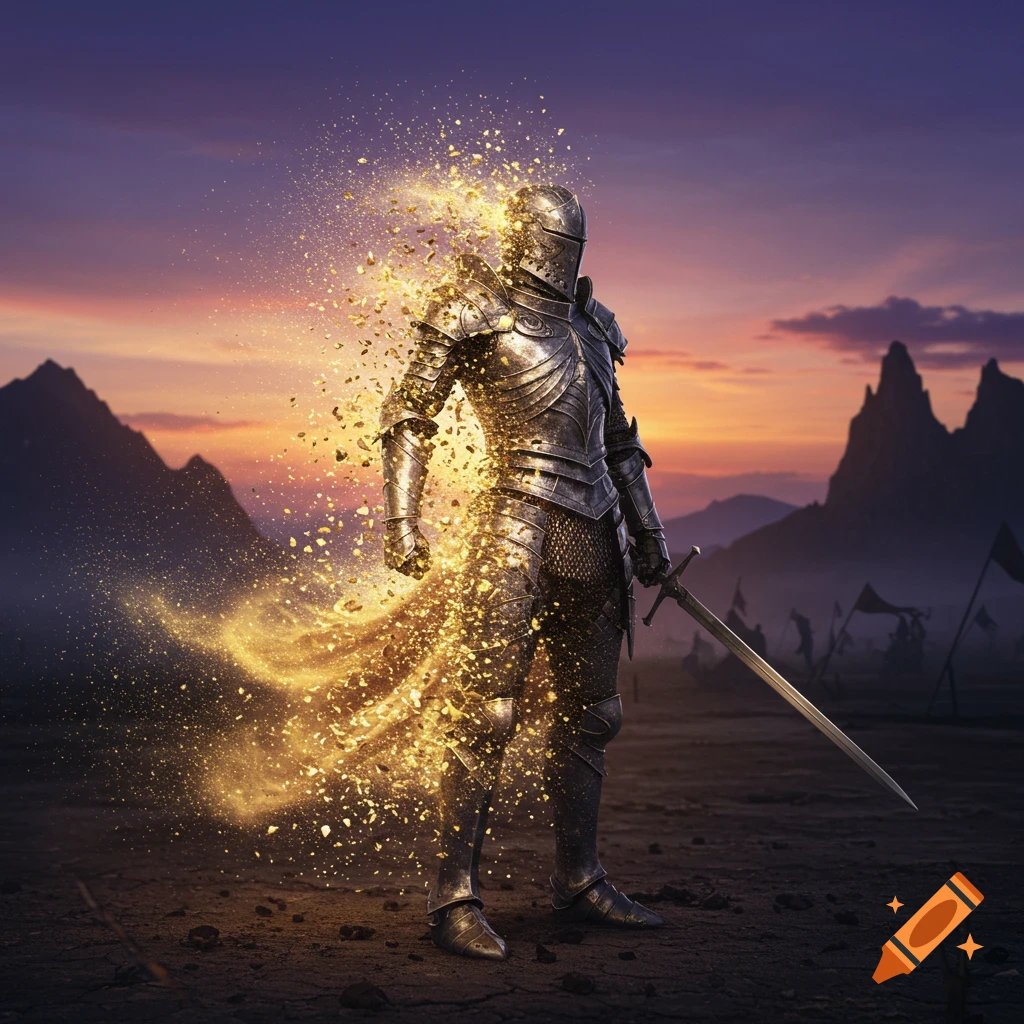 A knight in shining armor dissolves into golden dust against a dramatic sunset in a rocky fantasy landscape.