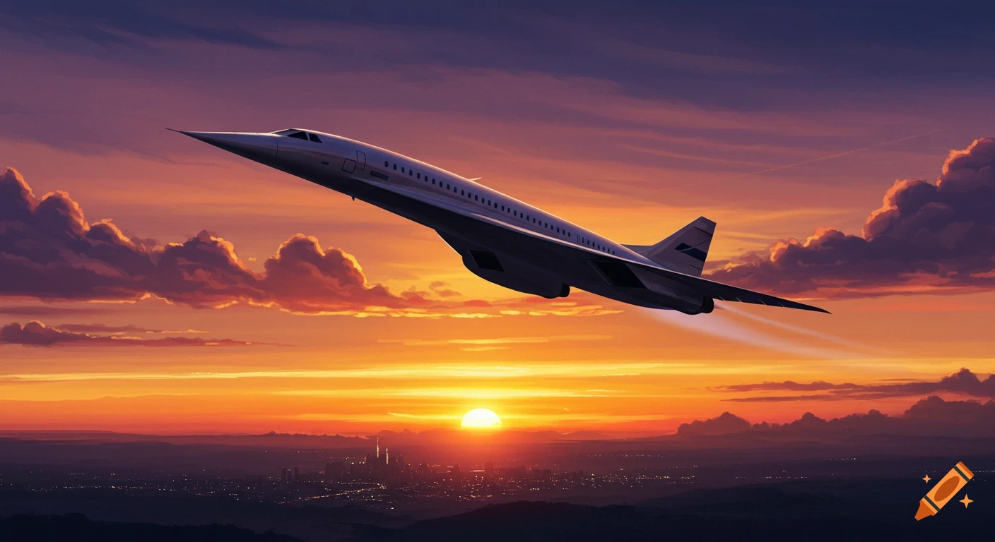 A supersonic jet flies high over a city skyline at sunset, with warm orange and purple clouds.
