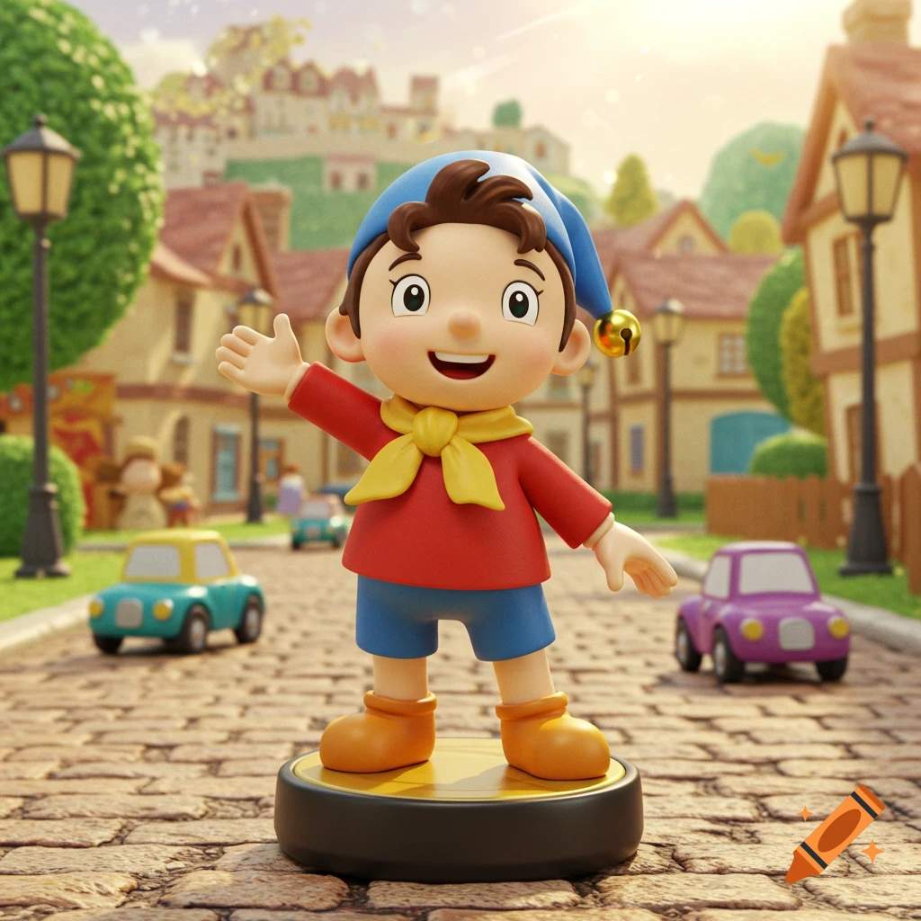 A 3D render of a Noddy toy figure standing on a cobblestone street in a colorful cartoon village, waving.