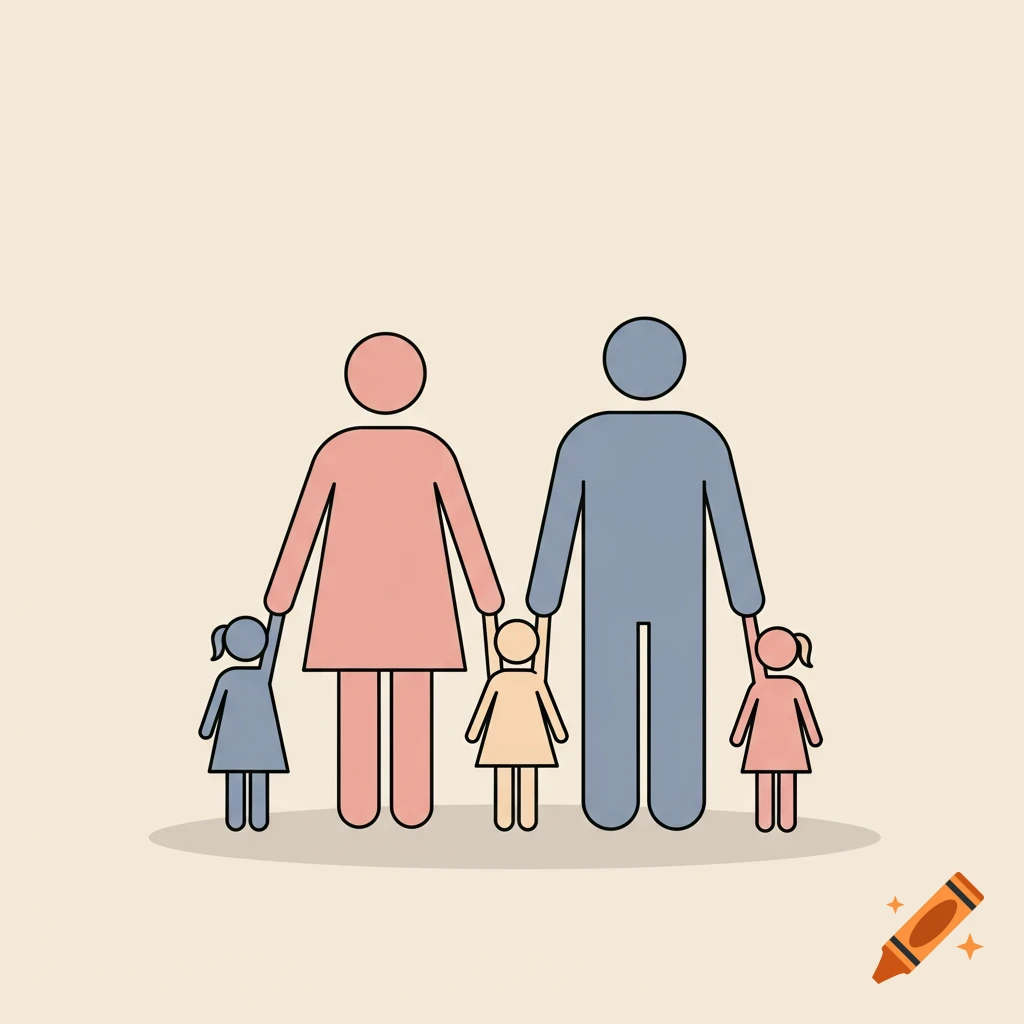 Pictogram of a mother, father, and two daughters holding hands, on a light background.