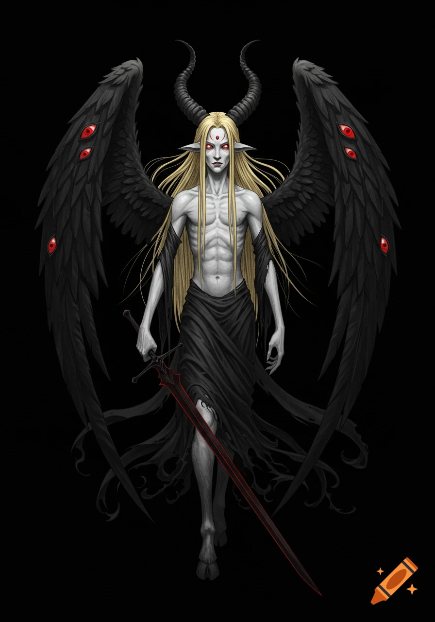 A pale, androgynous horned entity with long blonde hair, black wings covered in red eyes, goat legs, and tattered black robes holds a red-edged black sword.