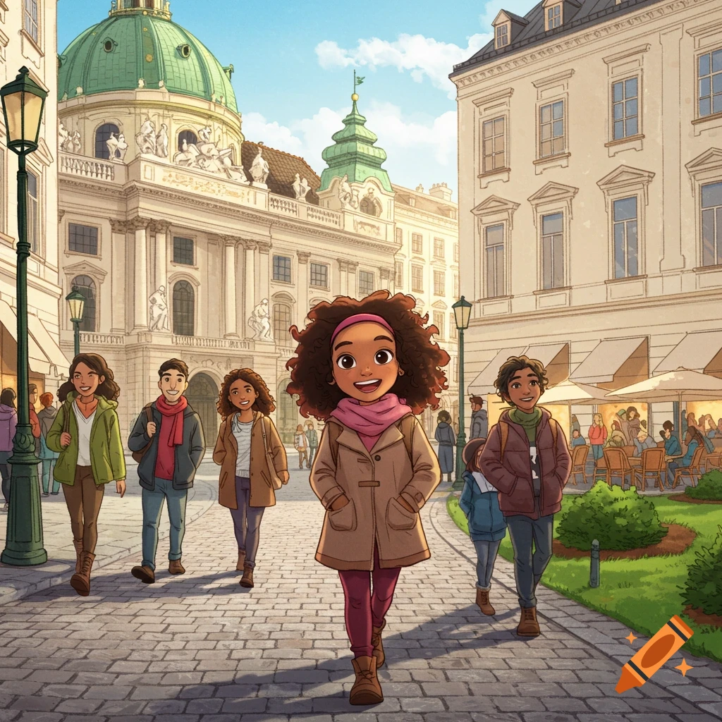 Cheerful children walk on a cobblestone street in a European city with historic buildings and a cafe, in a colorful illustration.