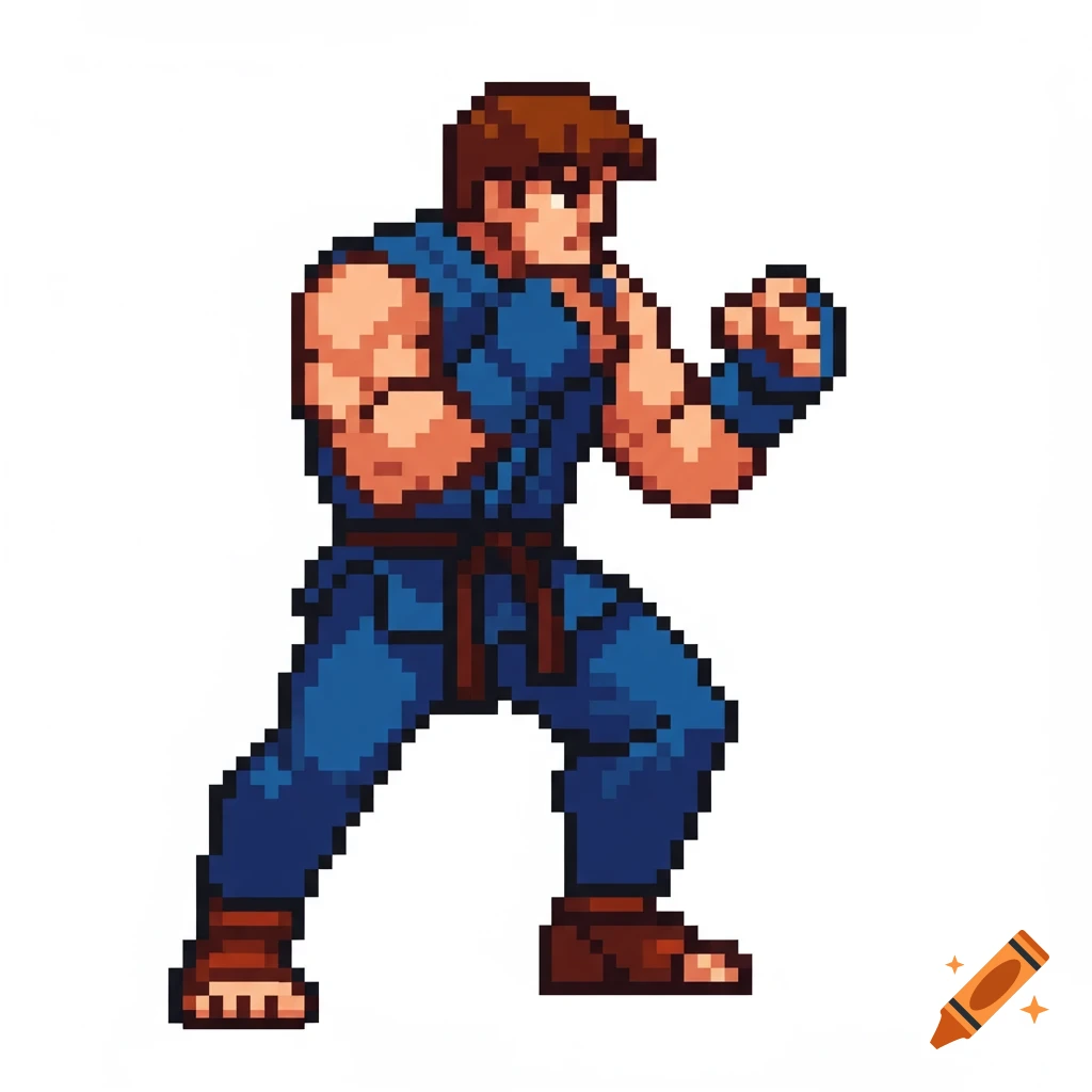 A retro pixel art male fighter in a blue gi, in a block defense pose with arms raised, viewed from the side.