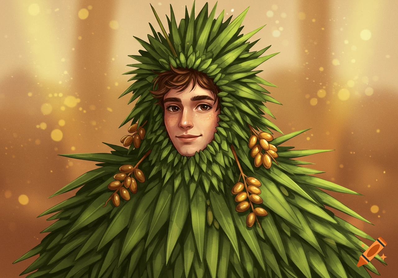 A person's face with brown hair emerges from a vibrant green date palm leaf costume adorned with ripe dates, against a golden bokeh background.