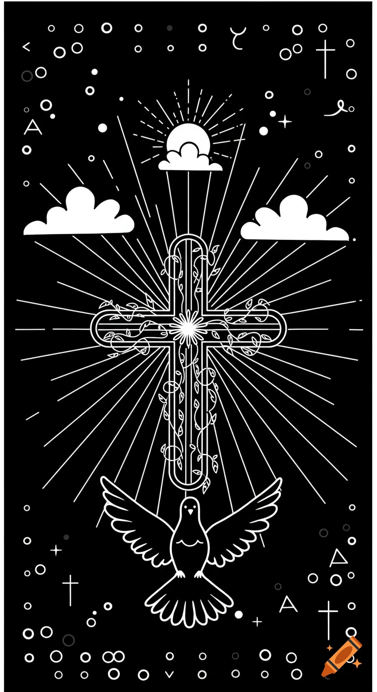 Minimalist black and white line art illustration of a cross entwined with vines, a radiant sun, clouds, and a dove with outstretched wings.