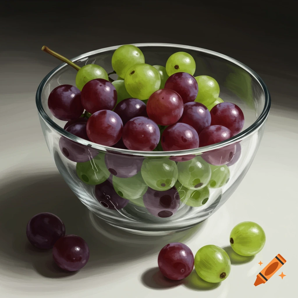 A glass bowl filled with red and green grapes, with some grapes spilled onto a white surface, rendered in a realistic style.