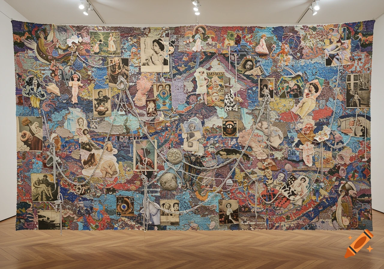 A vibrant, large-scale collage tapestry featuring diverse images and abstract patterns, displayed on a gallery wall under spotlights.