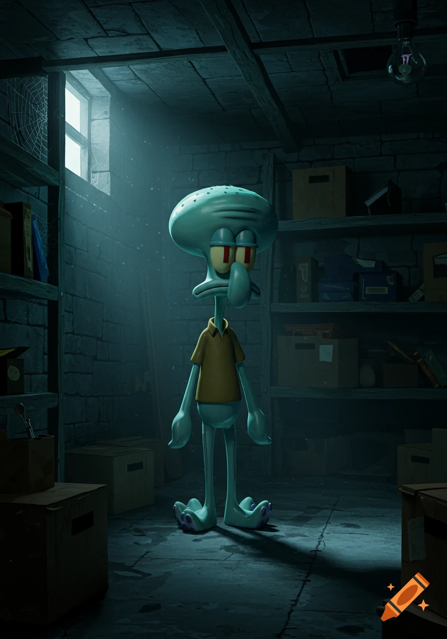 Squidward stands in a dimly lit, cluttered basement, a beam of light from a window illuminating him in the moody scene.