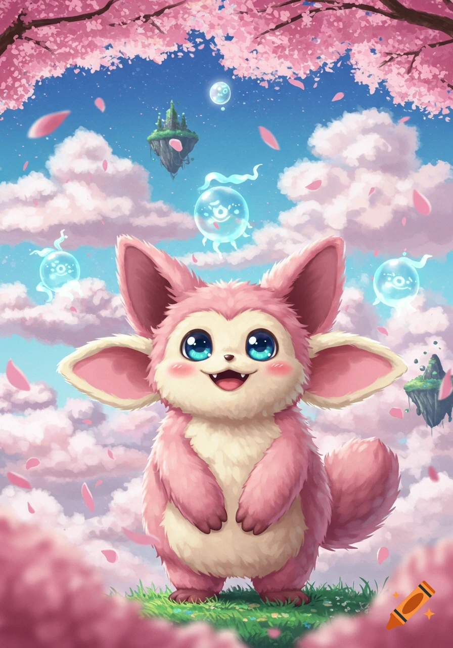 A cute, fluffy pink and cream creature with big blue eyes smiles under cherry blossoms, with floating islands and glowing orbs.