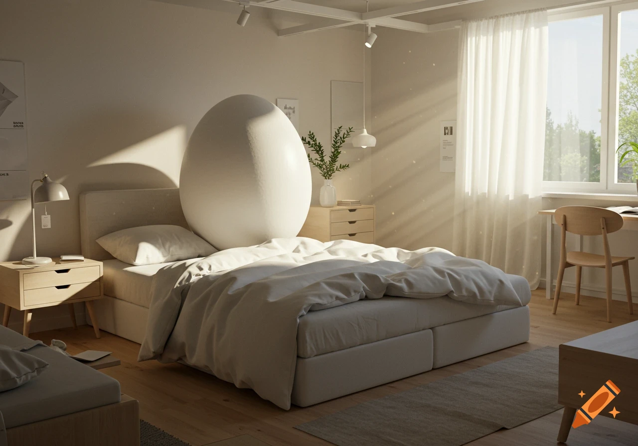A large white egg lies on a neatly made bed in a sunlit bedroom with light wooden furniture.