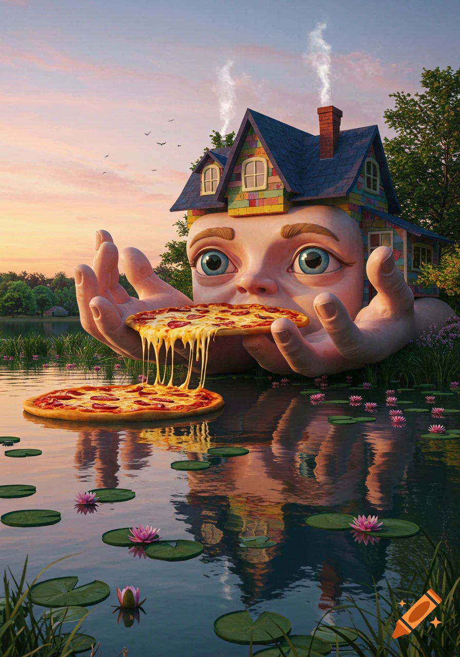 A giant house with a face and hands holds a cheesy pizza over a lake at sunset, with another pizza floating among lily pads. Surreal, photorealistic art.