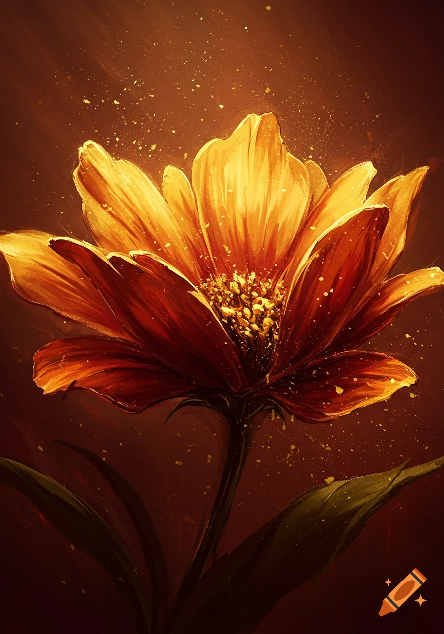 Abstract painting of a luminous red and gold flower blooming, surrounded by golden specks.