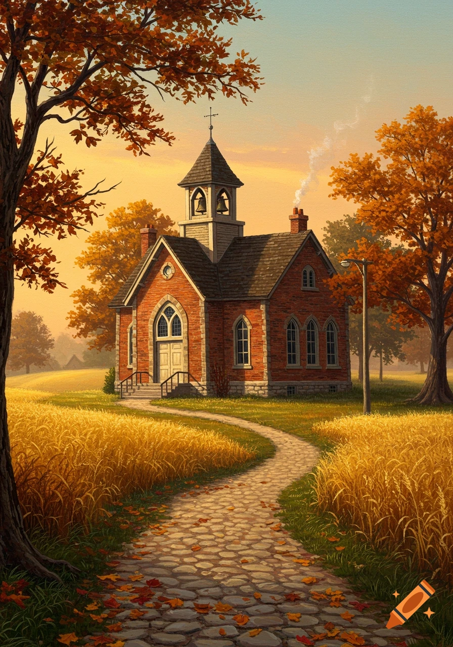 A charming red brick church with a bell tower and steeple stands in golden autumn fields, approached by a cobblestone path. Painterly.