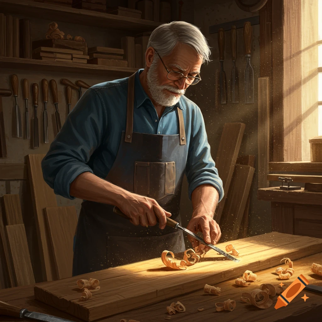 An elderly bearded man in a sunlit workshop chiseling wood. Wood shavings, tools, and sunlight on the workbench.