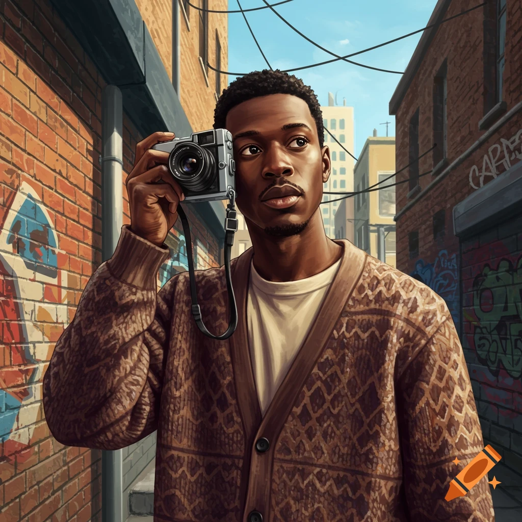 Illustrated young Black man holding a camera in a graffiti-covered city alley, looking to the side.