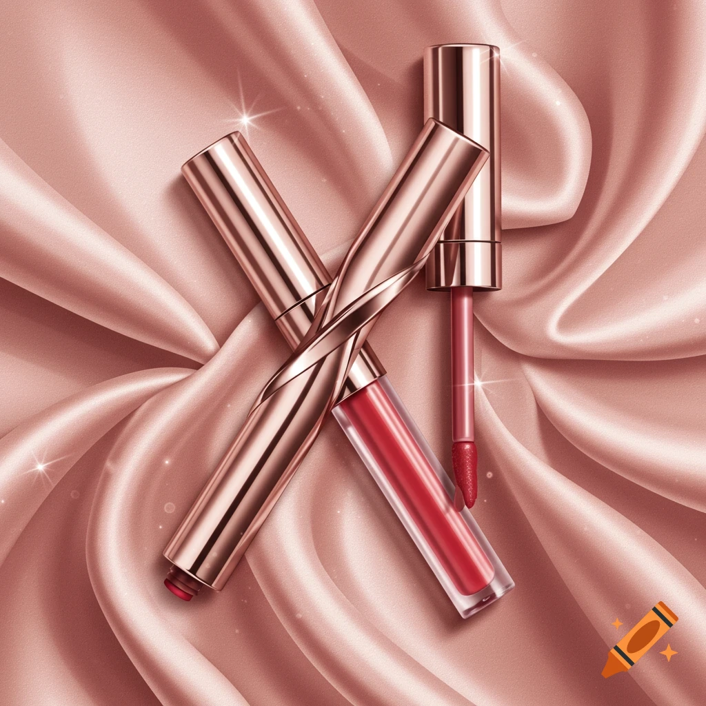 Two rose gold and clear lip gloss tubes with red liquid, one open with an applicator, on draped pink satin fabric with glitter. Photorealistic.