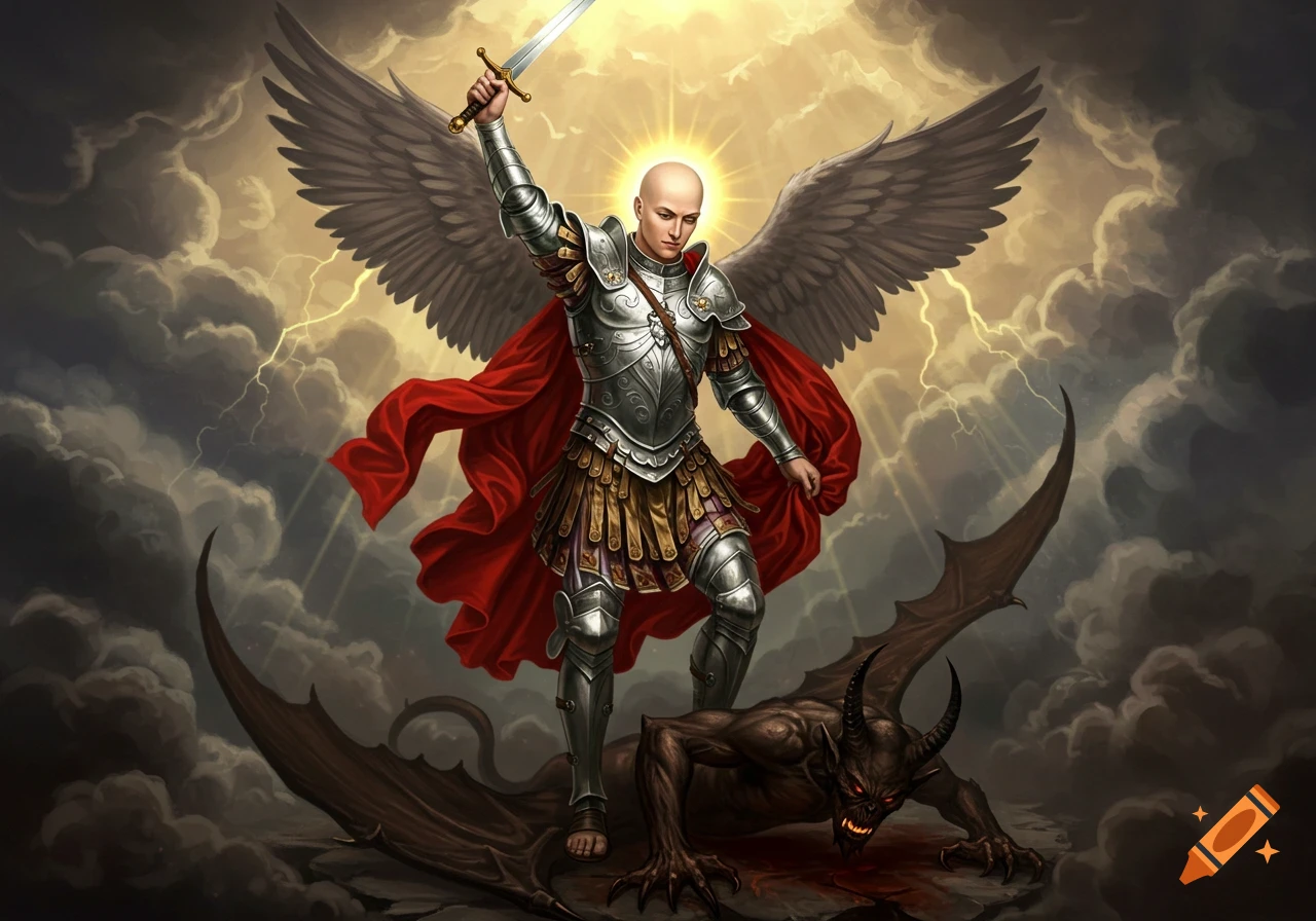 Bald, winged Saint Michael in armor stands on a defeated demon, holding a sword high under a stormy sky with lightning.