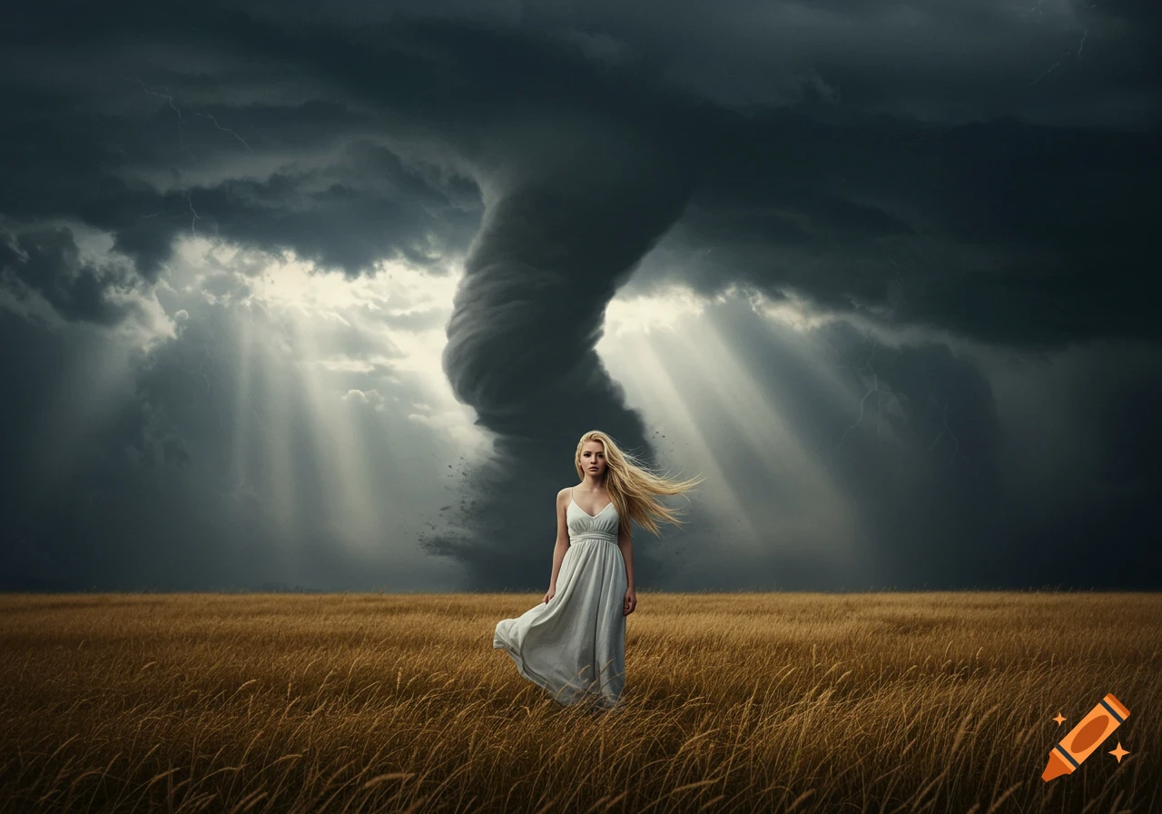 A blonde woman in a white dress stands in a golden field with a large tornado and dark stormy clouds behind her, light beams breaking through.