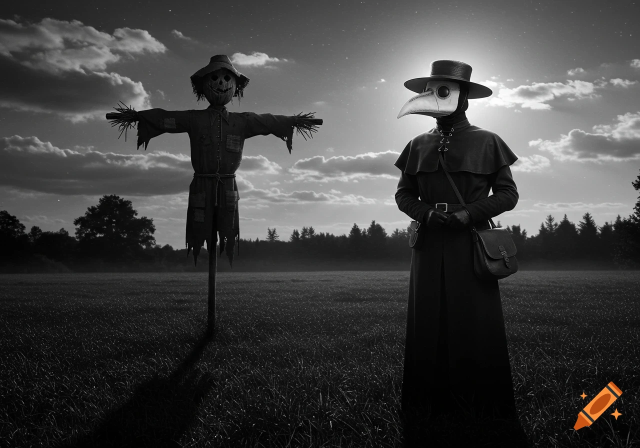 Grayscale photorealistic image of a plague doctor standing in a moonlit field beside a scarecrow at night.