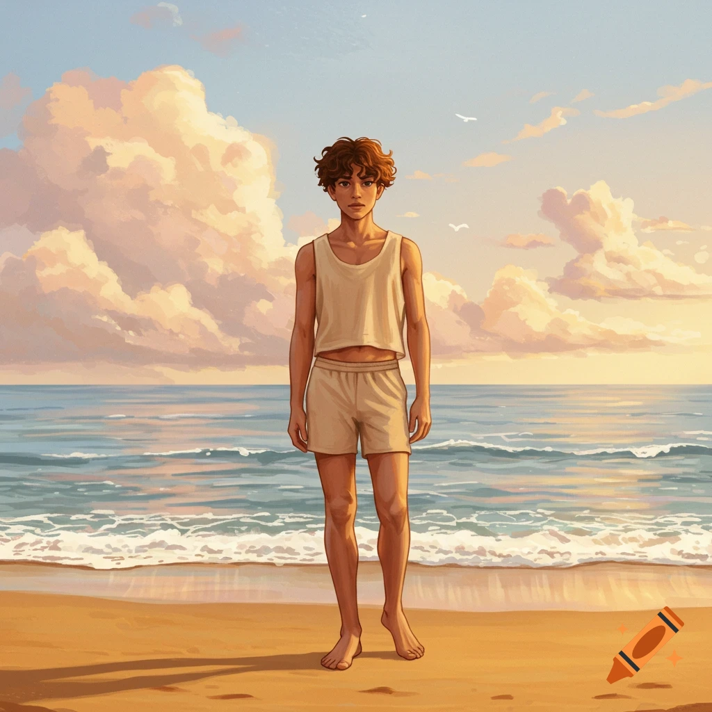 A young man with curly brown hair wearing a tan tank top and shorts stands barefoot on a sandy beach at sunset.