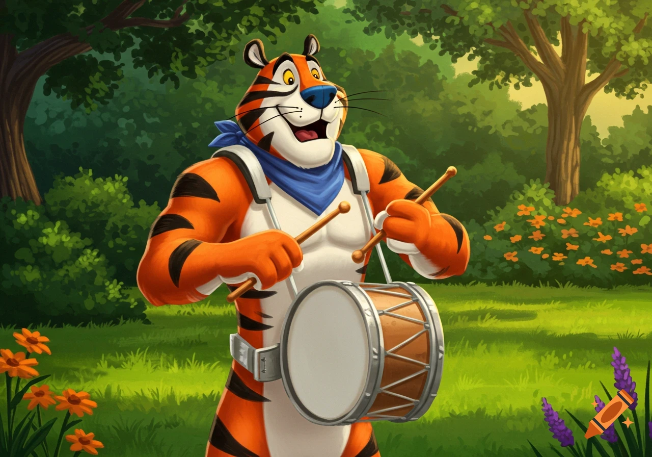 Tony the Tiger, a cartoon mascot, plays a marching snare drum in a vibrant, lush green forest.