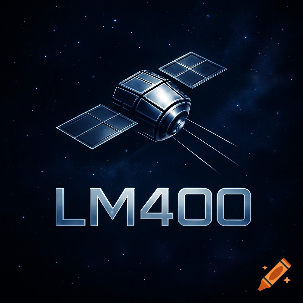 A shiny metallic satellite with solar panels in space above the metallic text 'LM400', against a starry dark blue background.