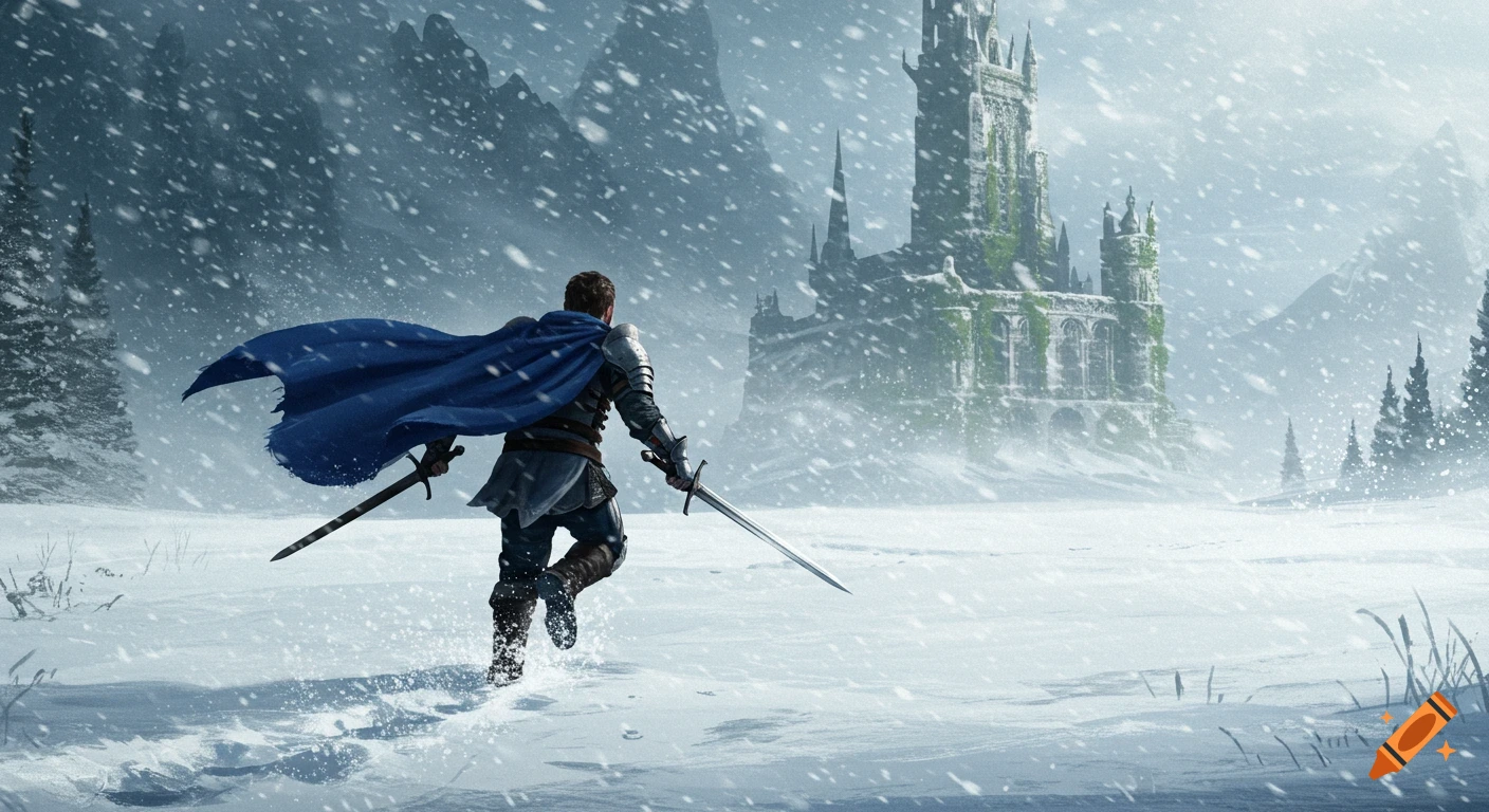 A knight in a blue cape and armor runs through a heavy snowstorm toward a large, ancient castle with two swords.