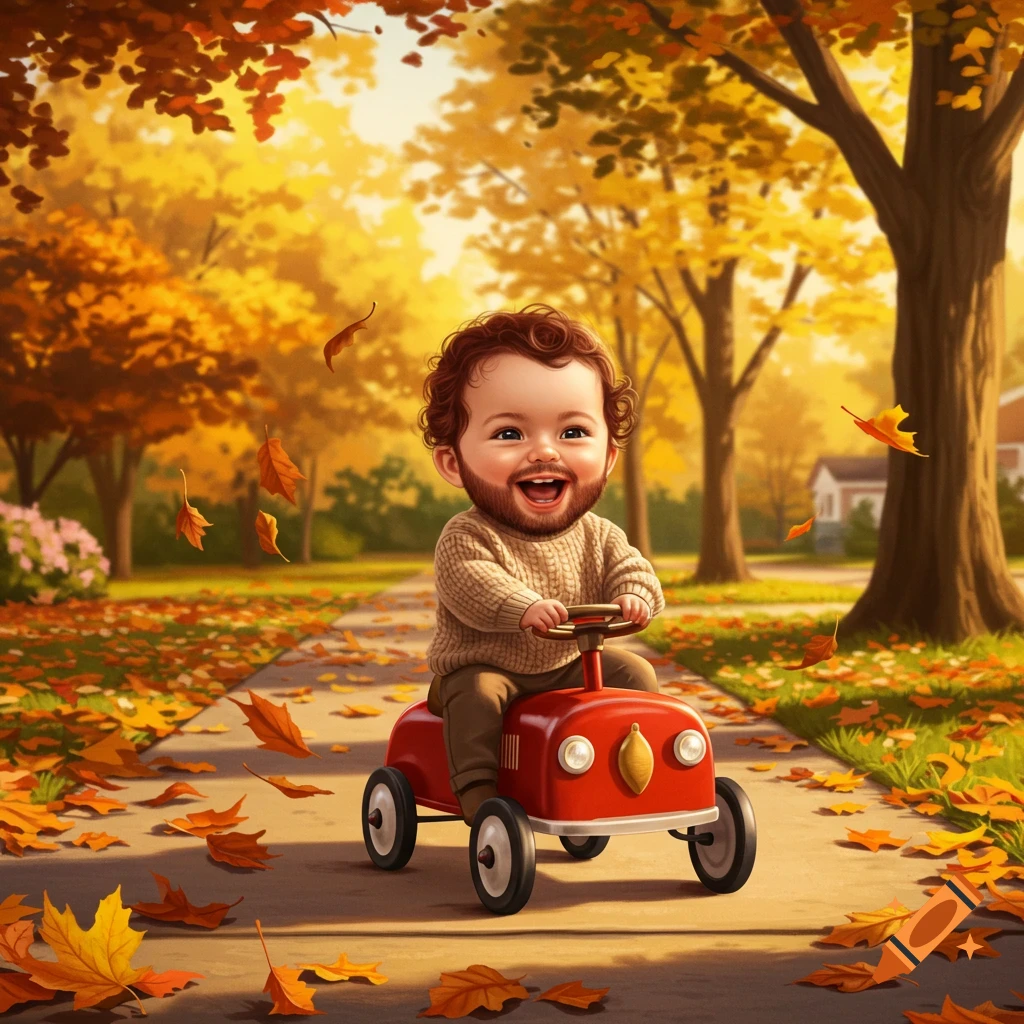 Happy, bearded baby with curly hair riding a red toy car on an autumn park path covered in colorful leaves, digital illustration.
