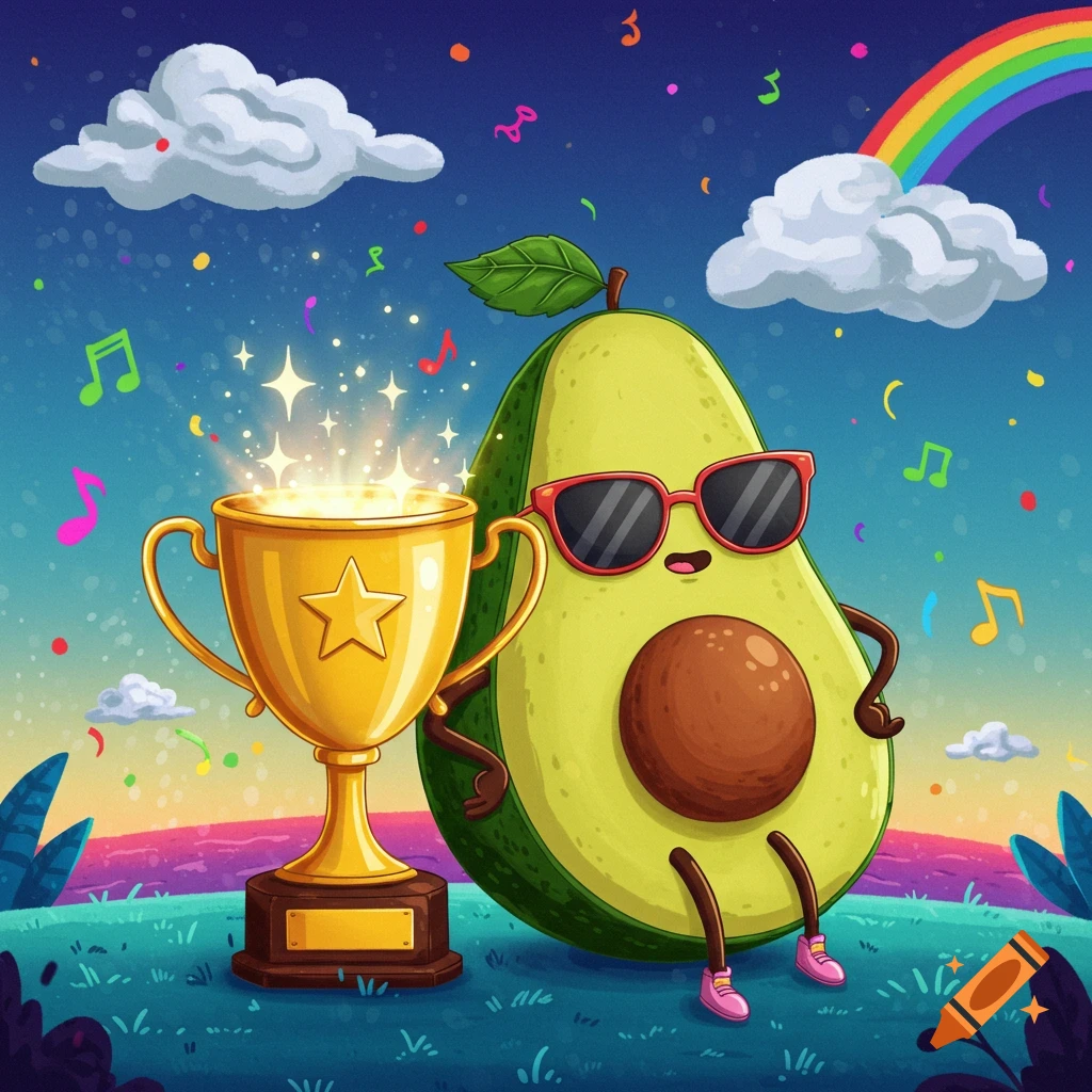 Cartoon avocado wearing sunglasses next to a glowing golden trophy under a starry night sky with a rainbow.