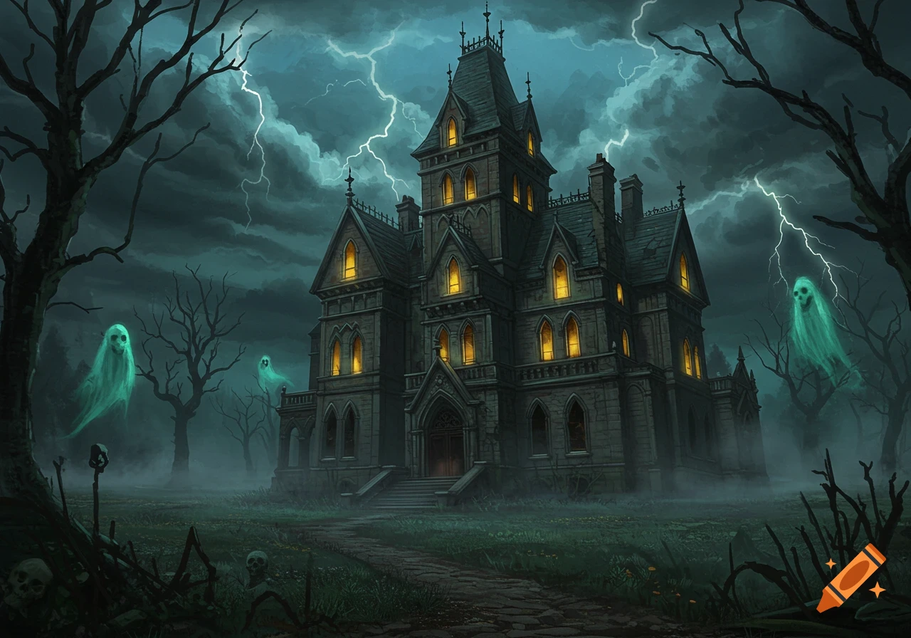 A gloomy haunted mansion under a stormy, lightning-filled sky, with three glowing green ghosts floating among dead trees and grave markers.