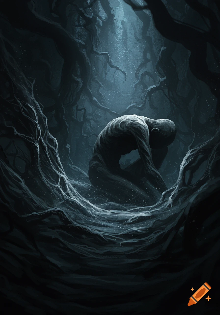 Dark, abstract art of a grief-stricken, emaciated figure collapsing amidst tangled, shadowy roots under a faint glow.
