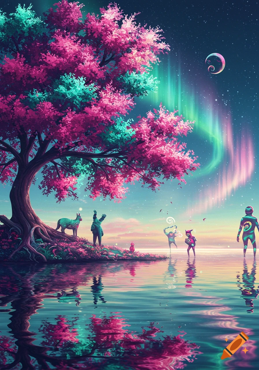 Vibrant fantasy illustration with a pink and turquoise tree, stylized figures, and aurora reflecting on a lake.