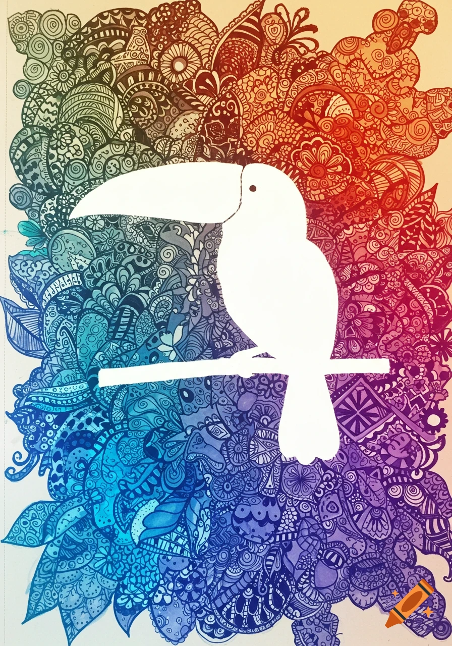 White toucan silhouette against a vibrant rainbow-colored background of intricate zendoodle patterns.