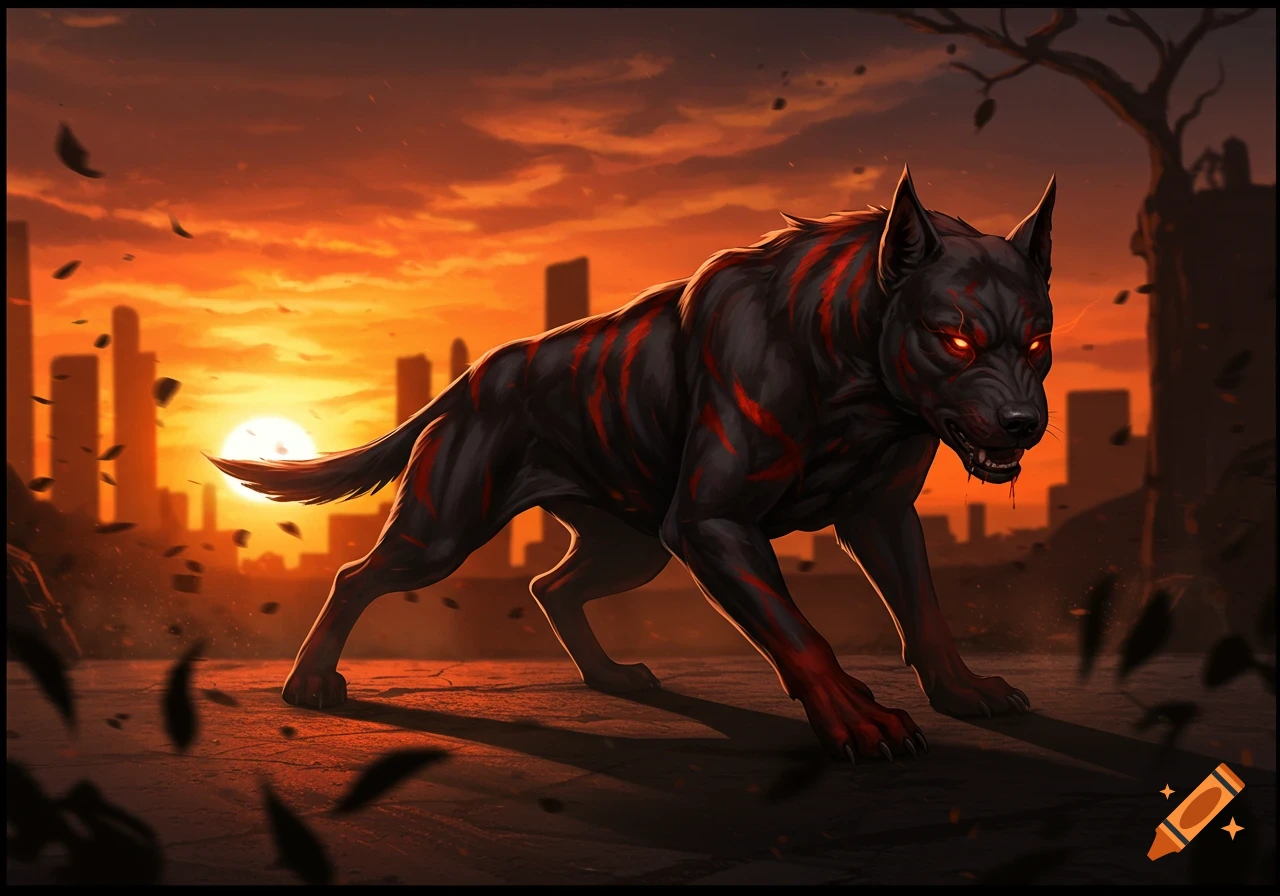 A vicious black dog with glowing red eyes and red markings stands in a desolate cityscape at sunset, with an orange sky.