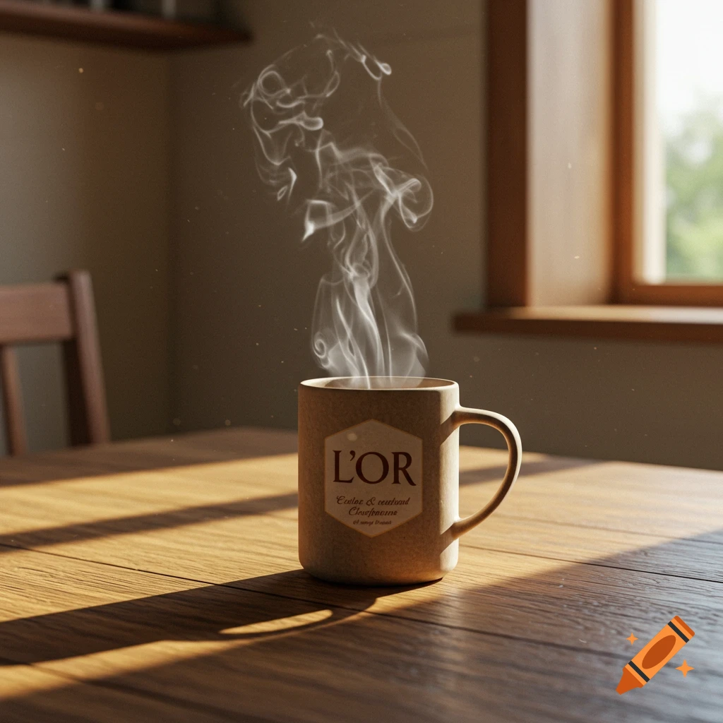 Photorealistic image of a steaming L'OR coffee mug on a wooden table, bathed in morning sunlight from a window.