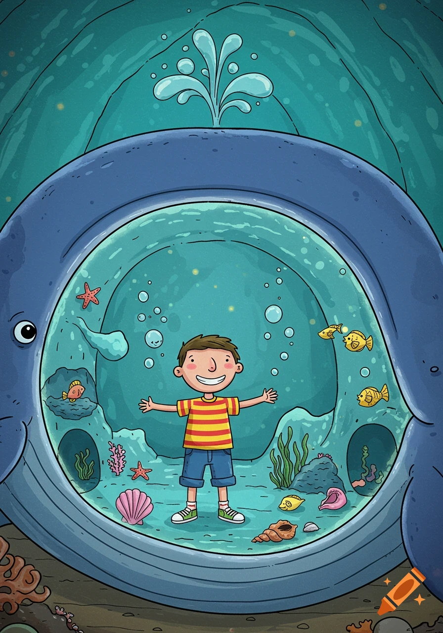 Happy cartoon boy standing inside a whale's stomach, surrounded by fish, starfish, and shells in a clear blue underwater scene.