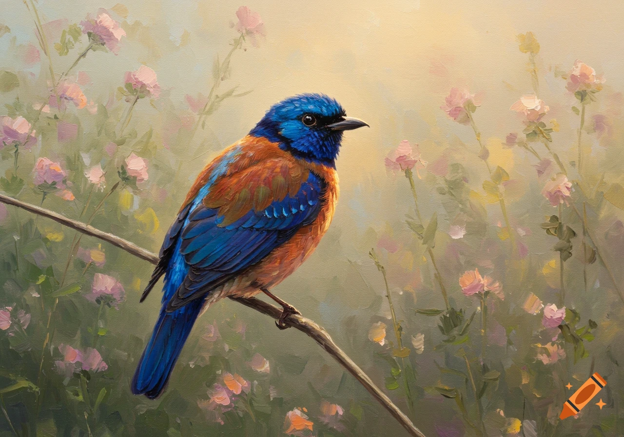 An oil painting of a vibrant blue and orange bird perched on a branch amidst soft pink flowers.