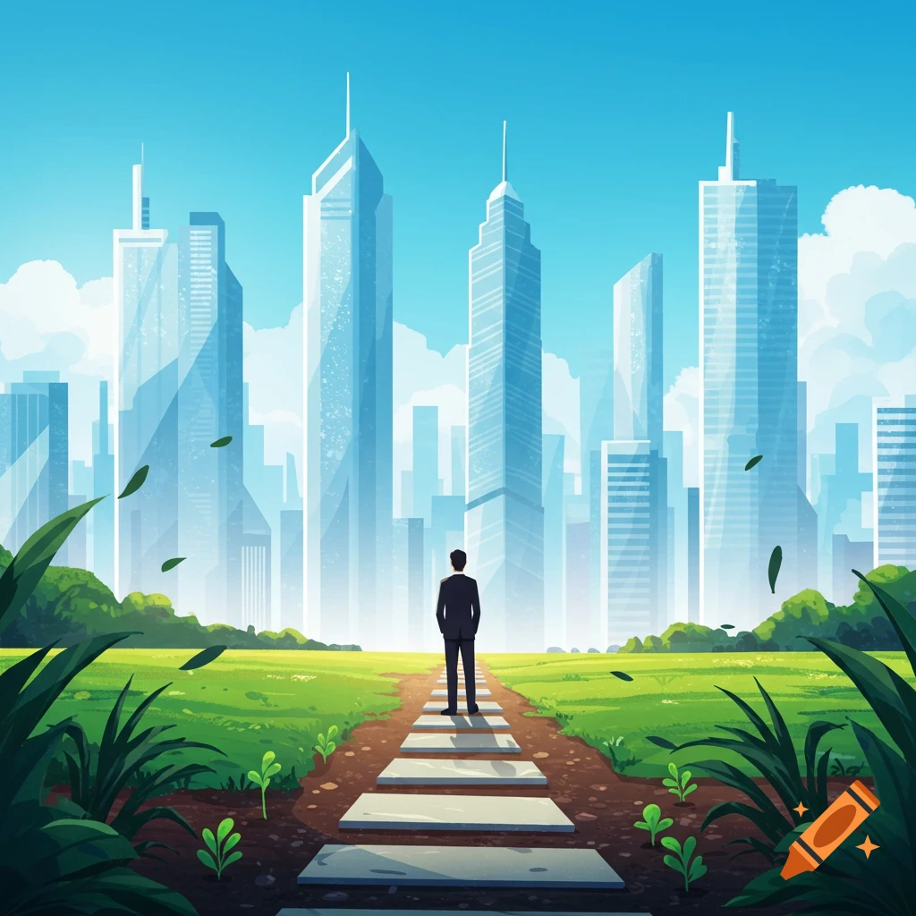 A man in a suit stands on a path through a green field, looking at a stylized city skyline under a blue sky, with leaves floating.
