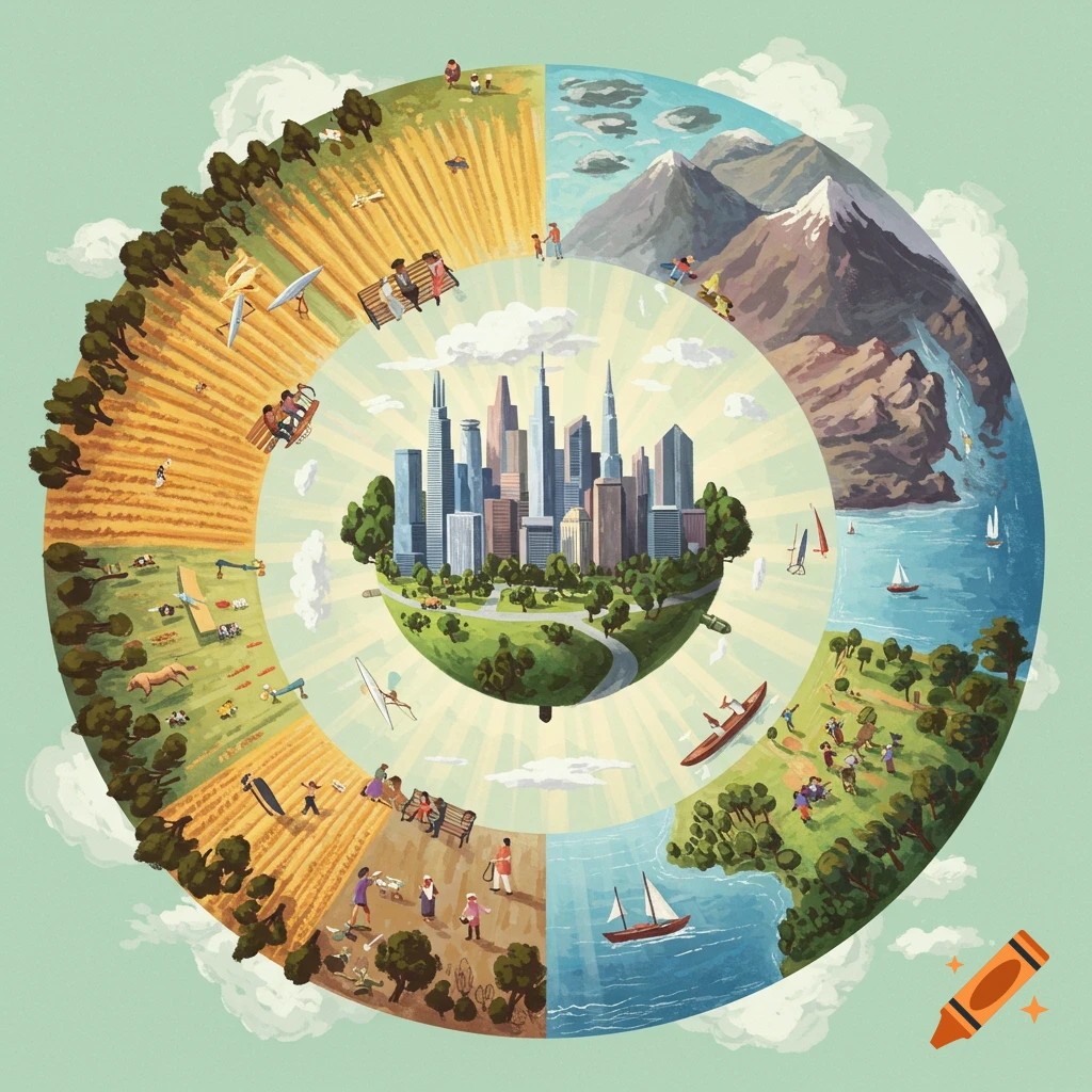 A circular illustration showing a central city surrounded by sections of farmland, mountains, and a coast with people engaged in various activities.