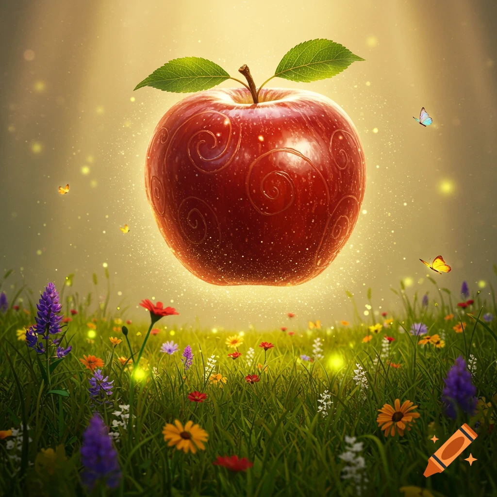A magical red apple with intricate swirls glows above a lush meadow of colorful wildflowers, with butterflies and soft golden light.