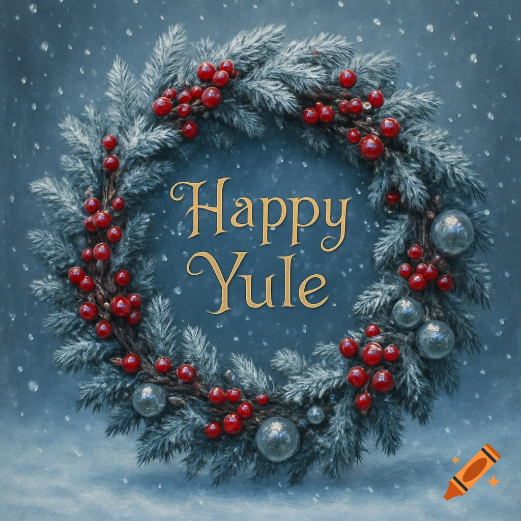 Festive winter wreath with red berries, silver ornaments, and 'Happy Yule' text on a snowy background.