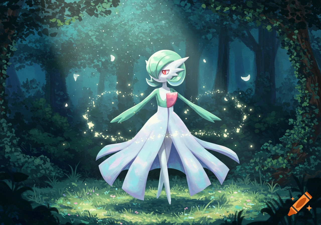 An elegant Gardevoir poses amidst a magical, glowing forest, in an anime art style.
