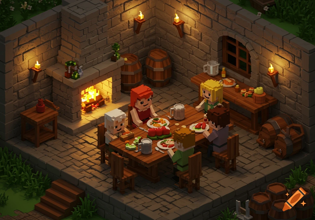 Isometric voxel art of people eating at a wooden table in a medieval tavern room with a fireplace and barrels.