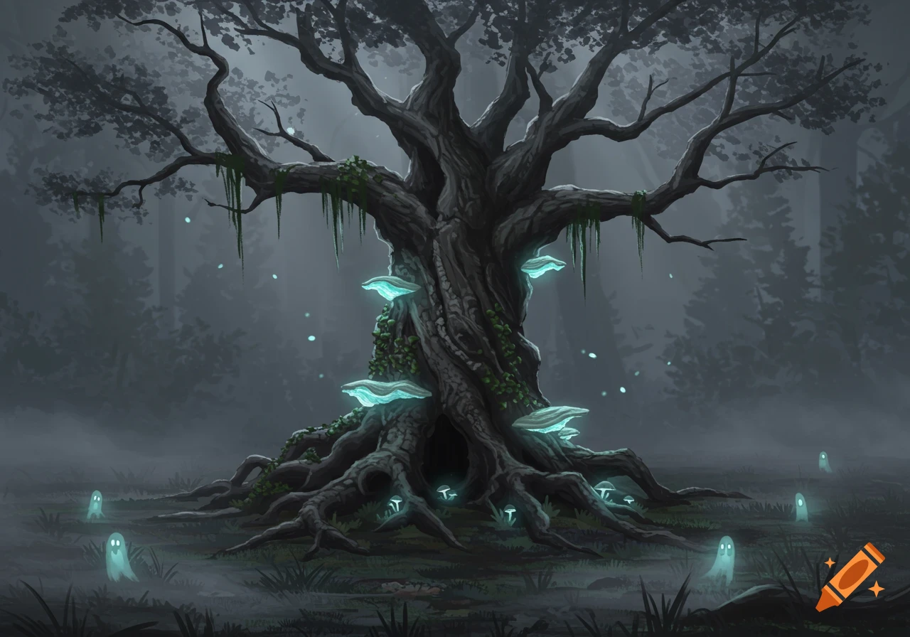 A gnarled, ancient tree with glowing blue mushrooms and small, glowing ghost figures in a misty, dark forest. Digital art style.